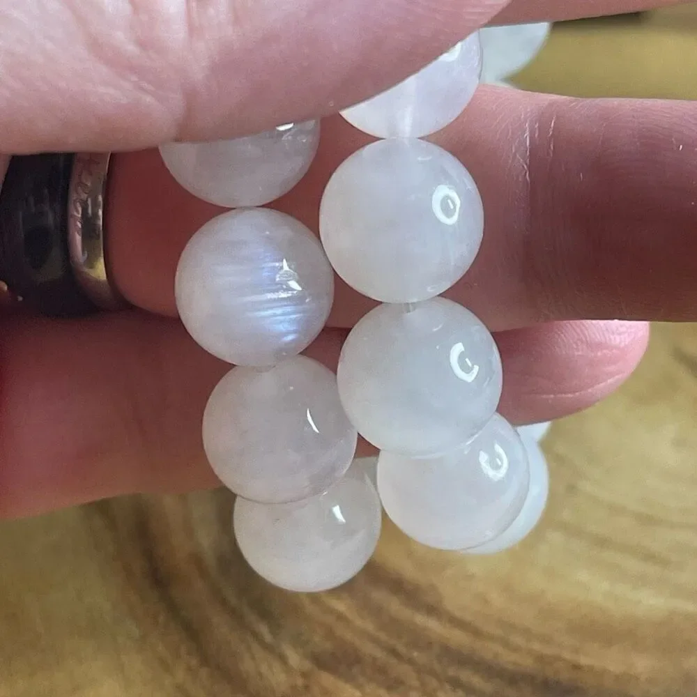 White Moonstone beaded bracelet 7” crystal healing beads 8mm blue flash
